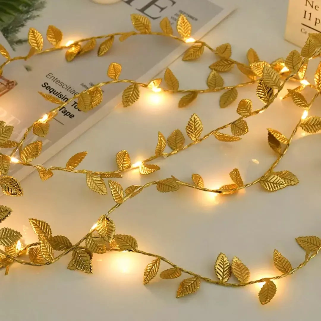 Planta Artificial Folhas de Ouro com Luz de Led para Decoração