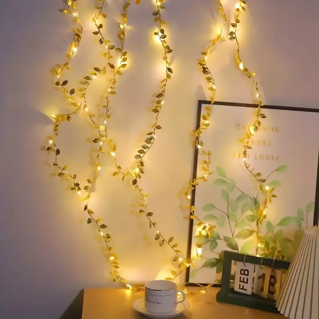 Planta Artificial Folhas de Ouro com Luz de Led para Decoração