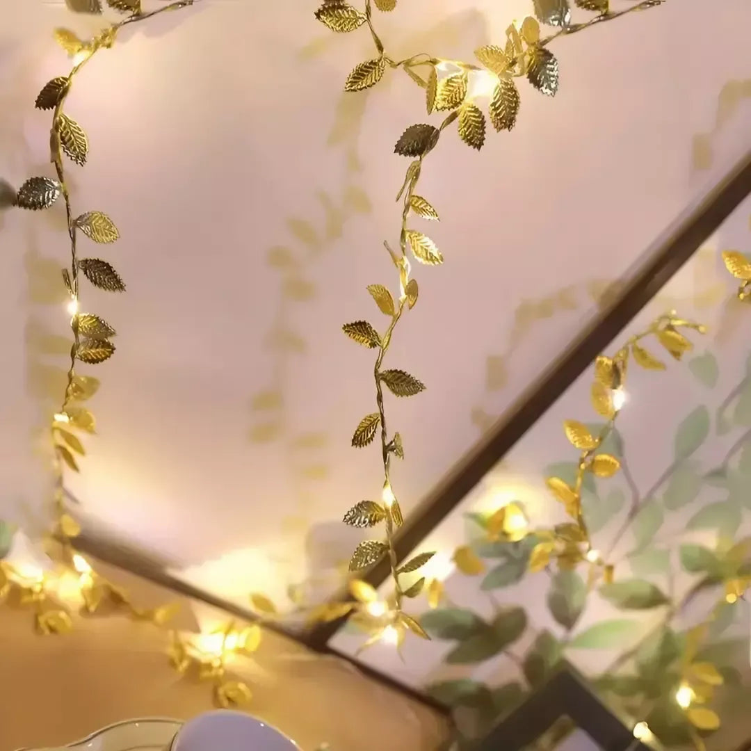 Planta Artificial Folhas de Ouro com Luz de Led para Decoração